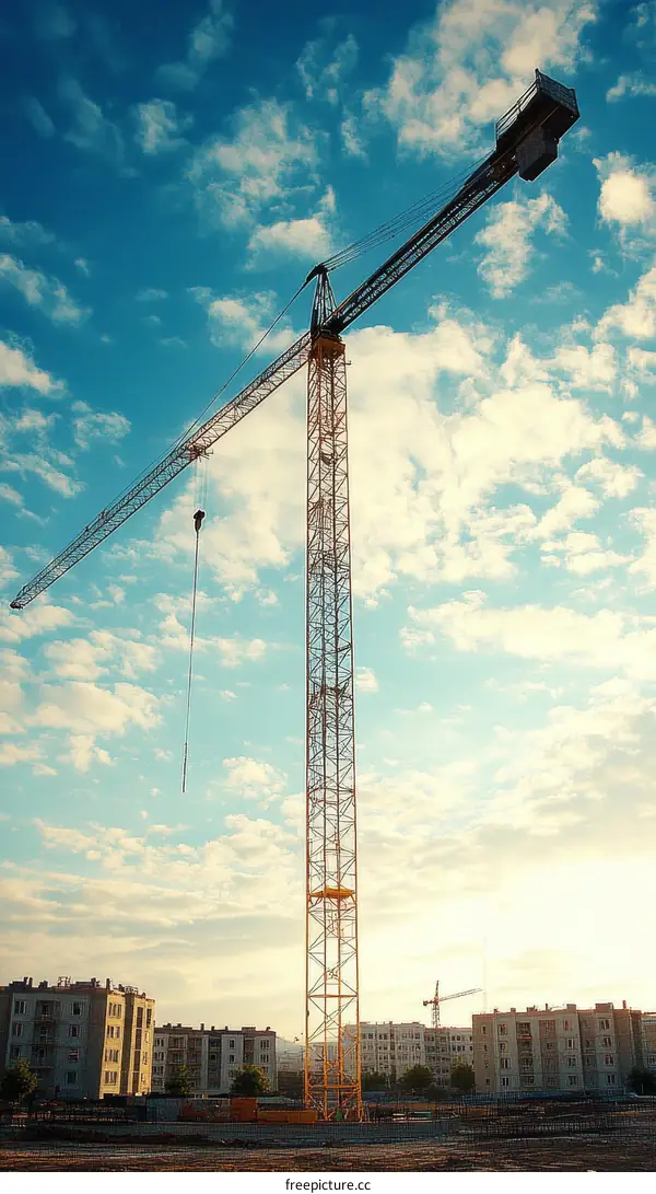 Construction Crane Against a Cloudy Sky in a New Housing Development