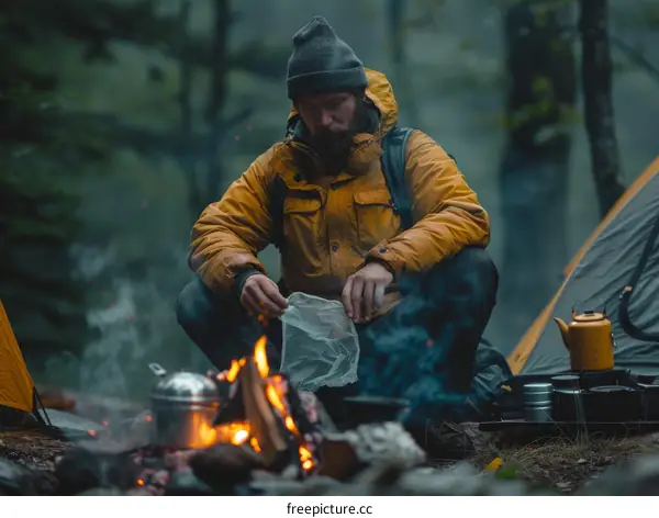 Man camping in the woods