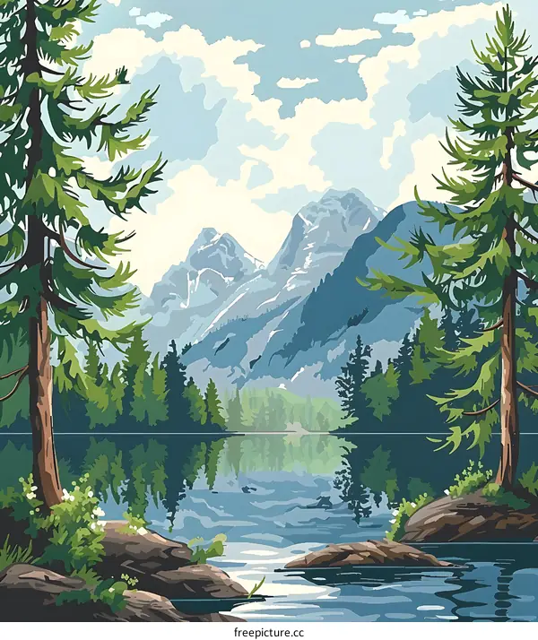Mountain Lake Landscape Illustration