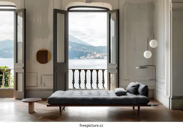 Modern Daybed With View of Mountains and Lake