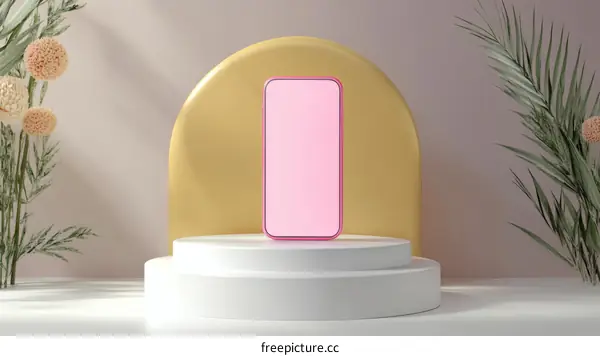 Pink Smartphone on a Display Platform with Floral Background