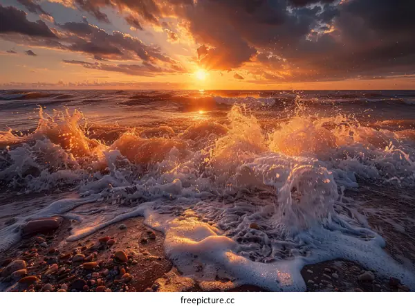 Huge Orange Wave Crashing on Rocky Beach at Sunset