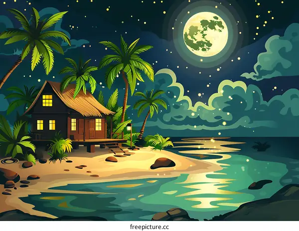 Tropical Beach Hut Nighttime Illustration