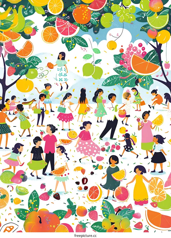 Cute Cartoon Children Playing in a Fruit Garden