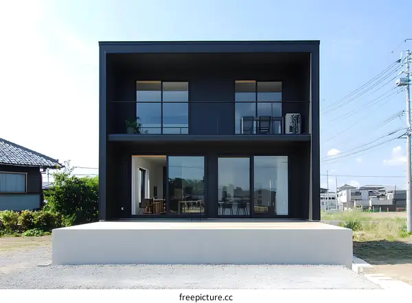 Modern Black Two Story House with Large Windows