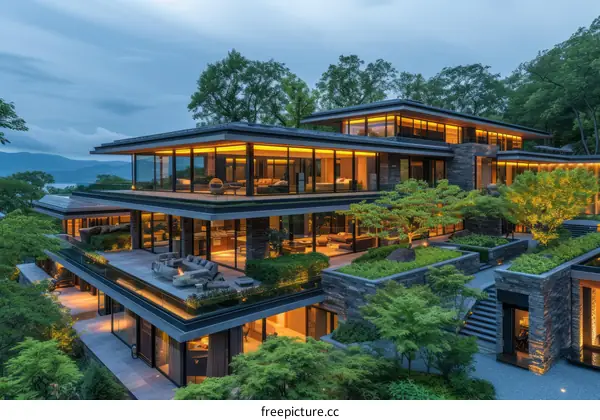 A stunning modern mansion with a pool and a view of the mountains