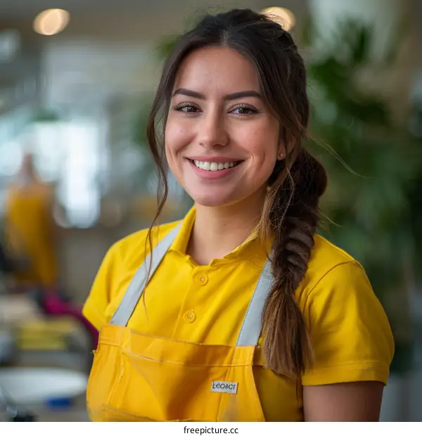 Portrait of a smiling young woman wearing a yellow apron
