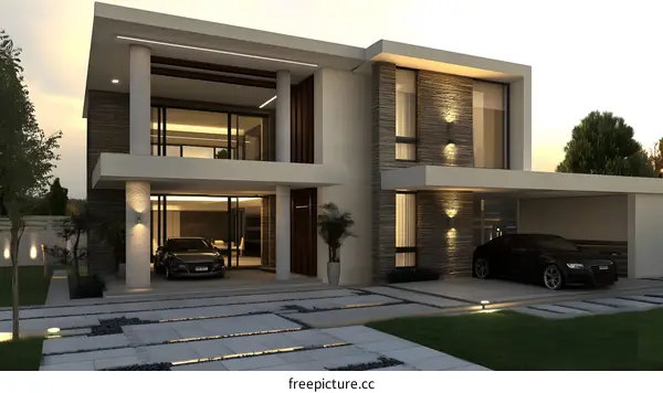Modern Two Story House Exterior Design with Stone Facade and Car Parking