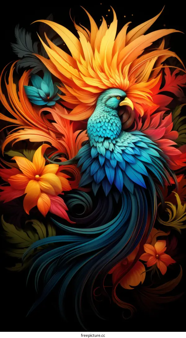 Vibrant Digital Illustration of a Detailed Phoenix with Glowing Feathers