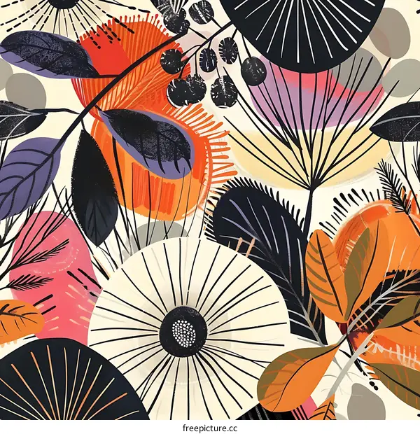 Abstract Floral Pattern with Bold Colors and Geometric Shapes