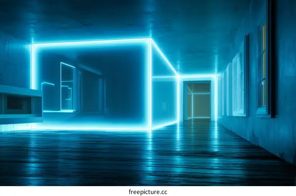 Neon Blue Futuristic Corridor with Geometric Lighting