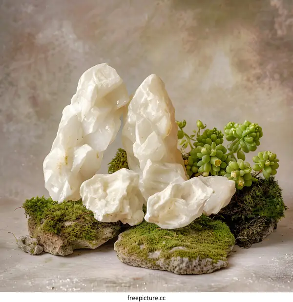 White Crystals on Moss and Rocks with Green Succulents