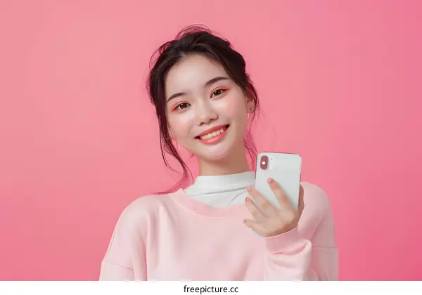 Smiling Asian Woman Holding Phone Against Pink Background