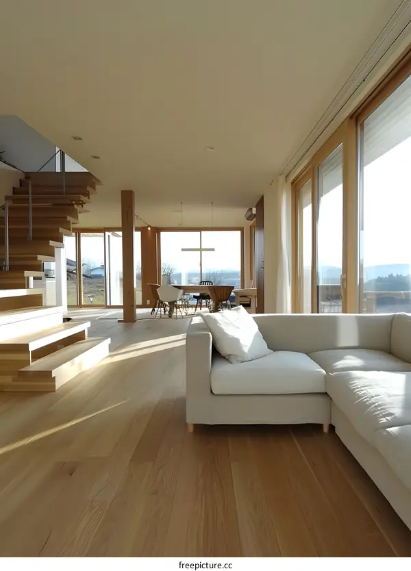 Modern Interior Design With Large Windows And Wooden Flooring