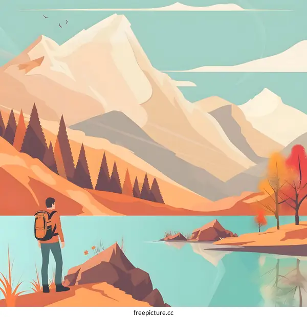 Man Standing By A Lake And Looking At Mountains