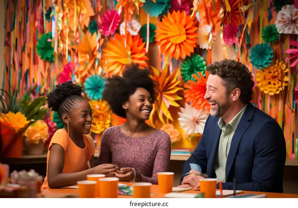 A man and two girls are sitting at a table and talking happily