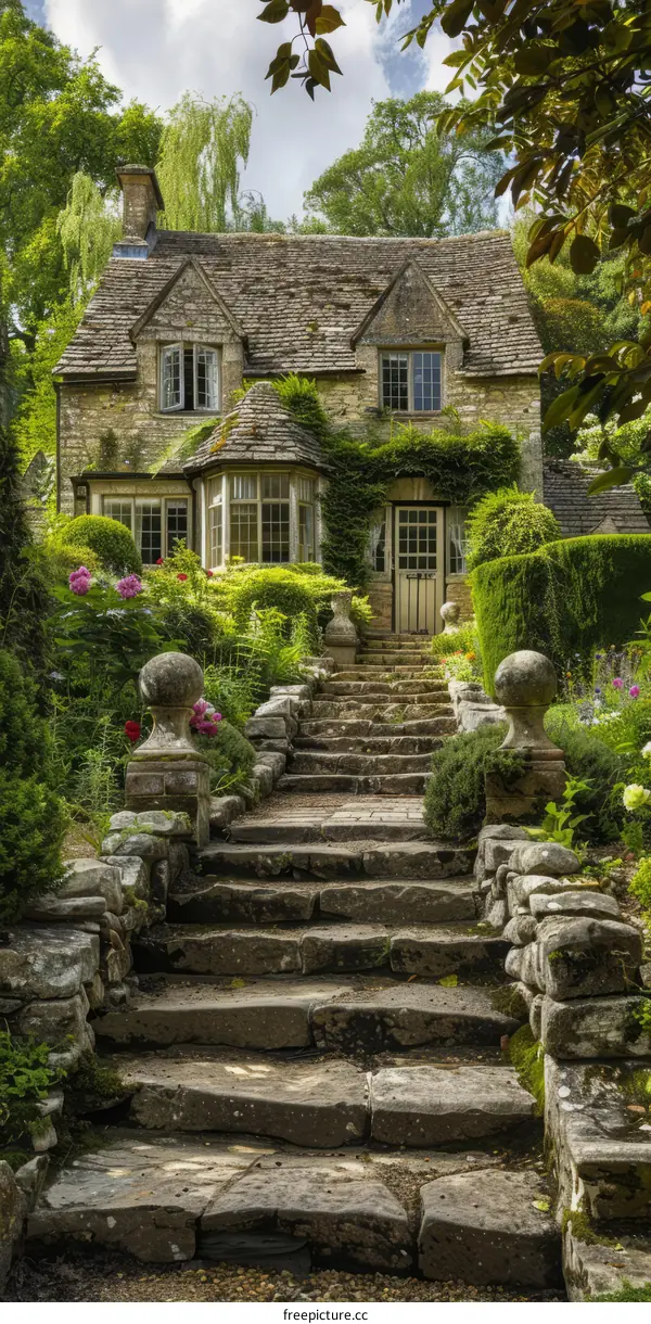 Stone Cottage with Flowers and a Garden in England