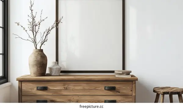 Empty Frame Decorated with Rustic Wood Chest