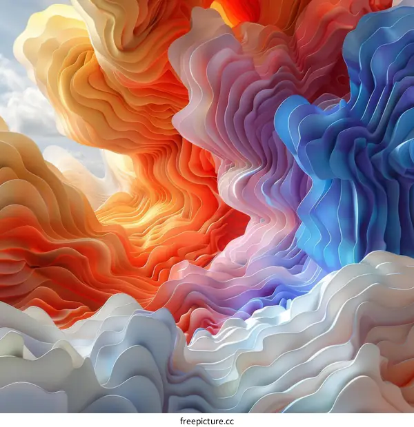Colorful abstract 3D rendering of a wavy terrain with a blue sky and white clouds