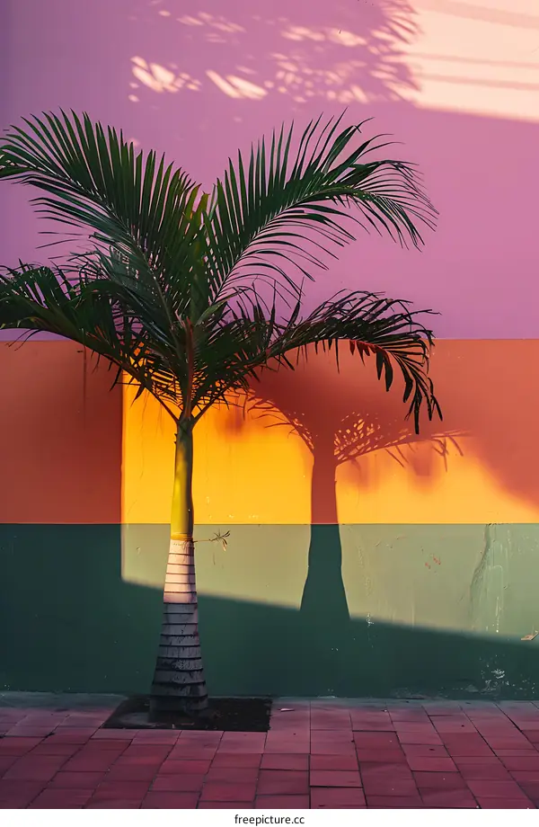 Palm Tree Against Colorful Wall With Shadows