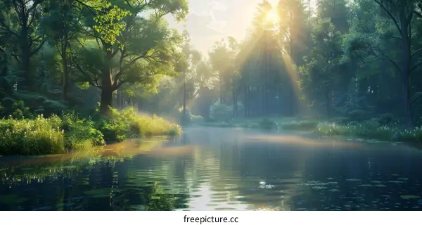 Forest Landscape with River and Sunbeams