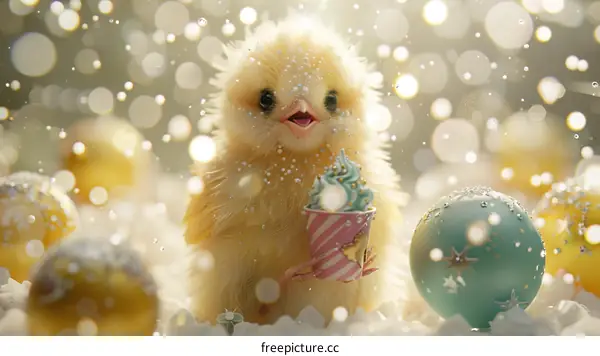 Cute Yellow Baby Chick Holding Ice Cream Cone