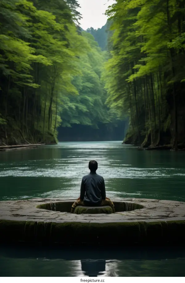 Peaceful Meditation by the River: Man Contemplating Nature