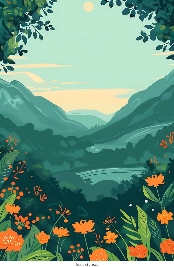 Green Mountain Landscape with Orange Flowers