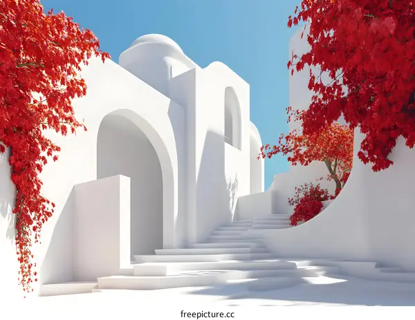 White Minimalist Architecture with Red Flowers