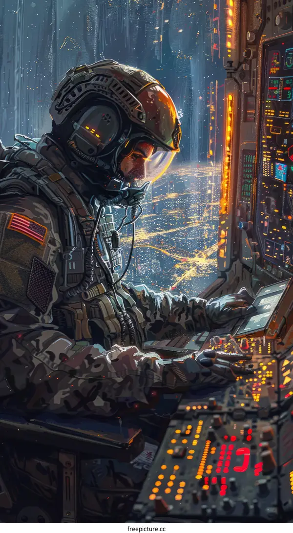 A soldier wearing a helmet and body armor is sitting in a futuristic cockpit.