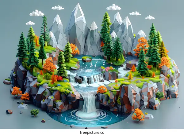 Low Poly Waterfall Island