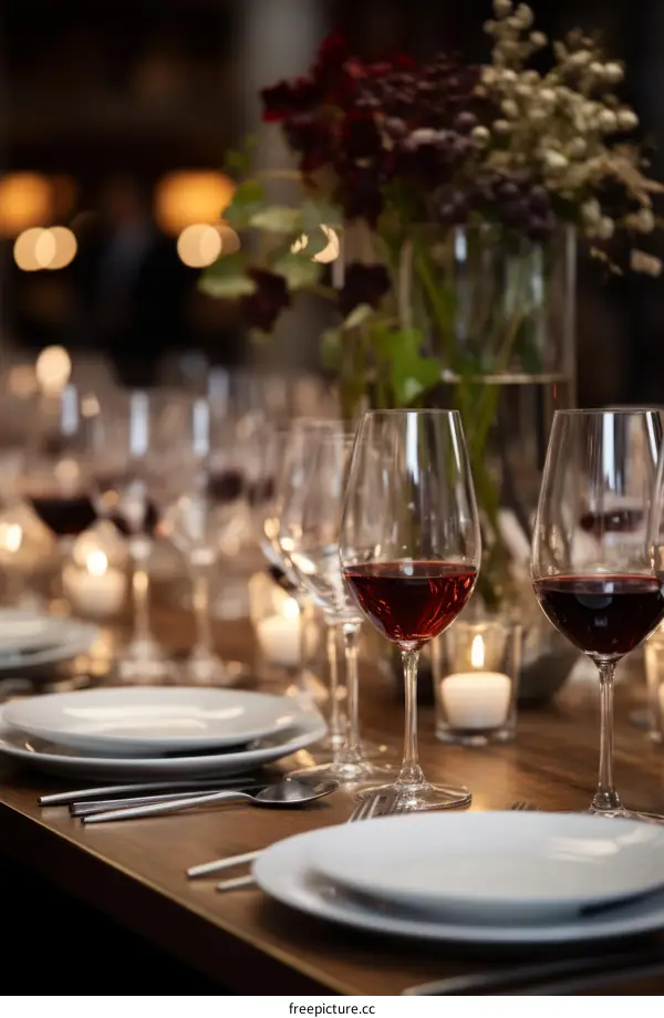 Red wine glasses on a wooden table