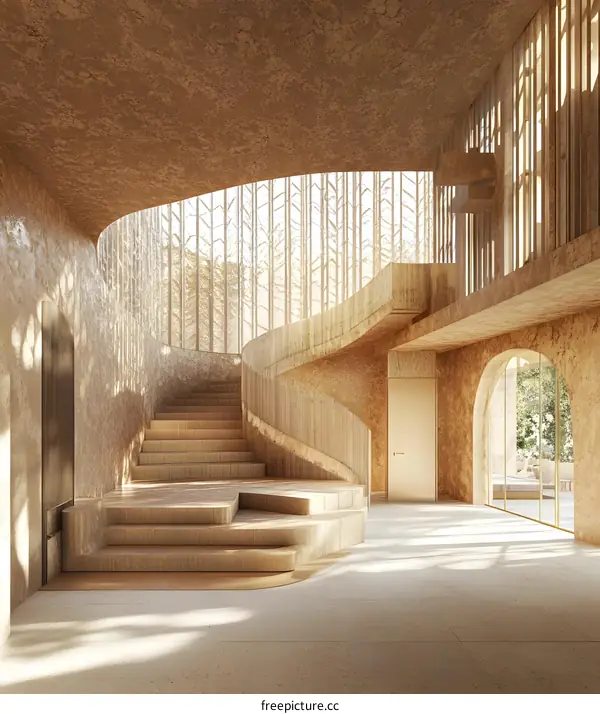 Modern Staircase Design with Curved Walls and Natural Light