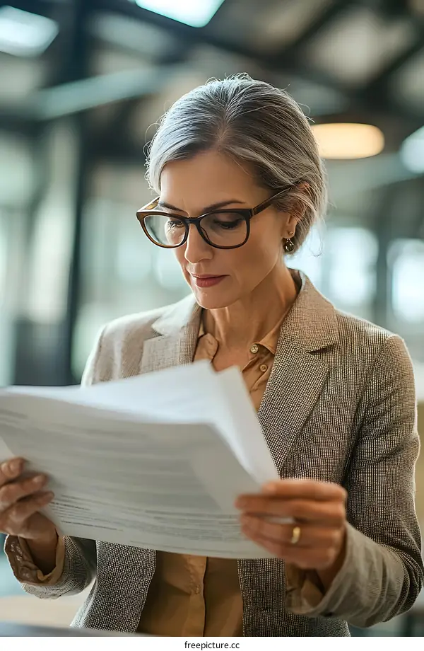 Businesswoman Reviewing Documents in Office