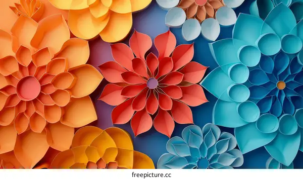 3D illustration of paper flowers in orange, red, blue, and yellow
