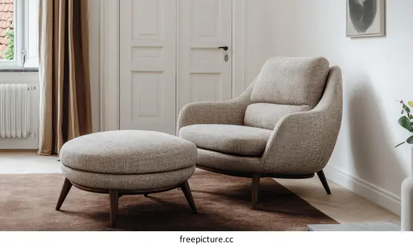 Modern Beige Fabric Armchair and Ottoman Set