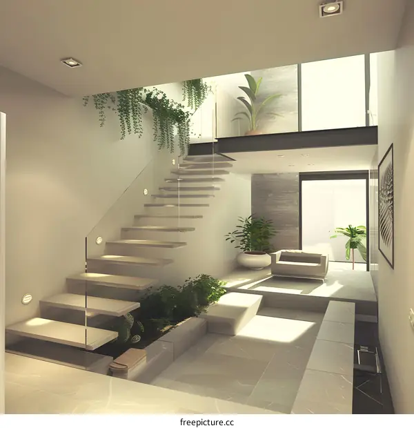 Modern Minimalist Staircase Design with Glass Railing and Indoor Plants