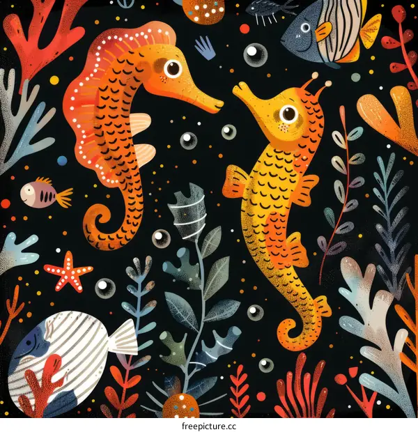 Tropical Ocean Scene with Seahorses, Fish, and Coral Reef