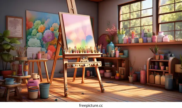 Art Studio with Supplies and Large Windows