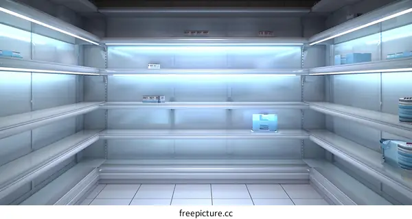 Empty Supermarket Shelves with Blue Lighting