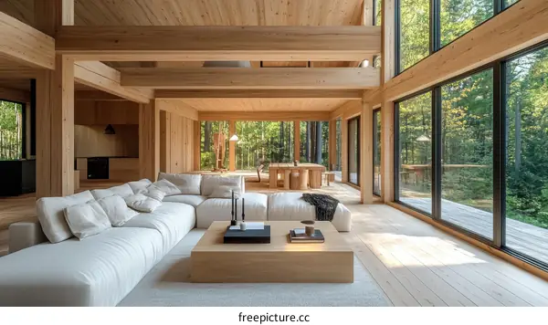 Modern Wooden Cabin Living Room with Large Windows