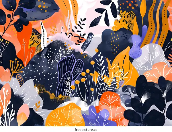 Abstract Colorful Nature Illustration With Leaves And Flowers