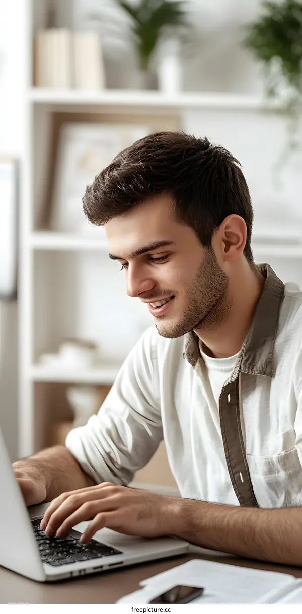 Smiling Man Working on Laptop at Home Office
