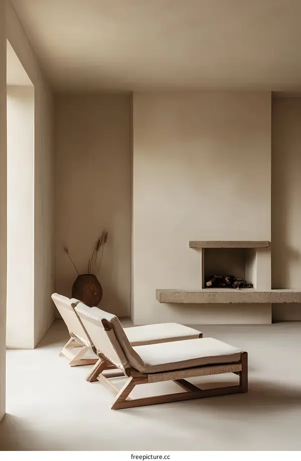 Minimalist Living Room with Fireplace and Loungers