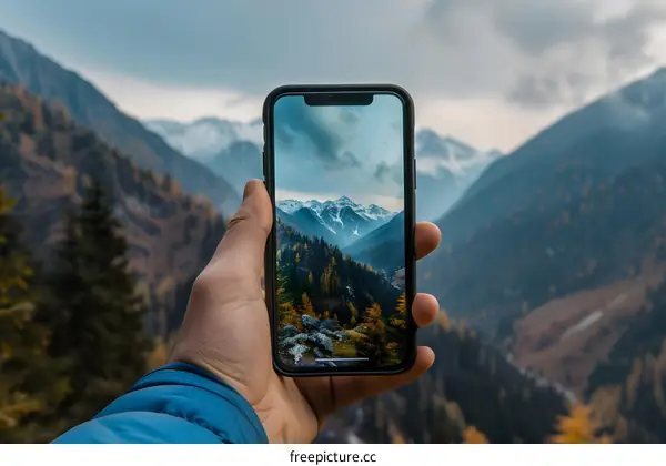 Hand Holding Smartphone with Mountain View