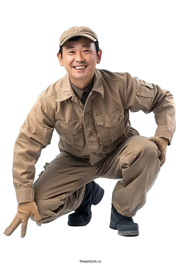[Transparent Background PNG]Asian man in workwear crouching