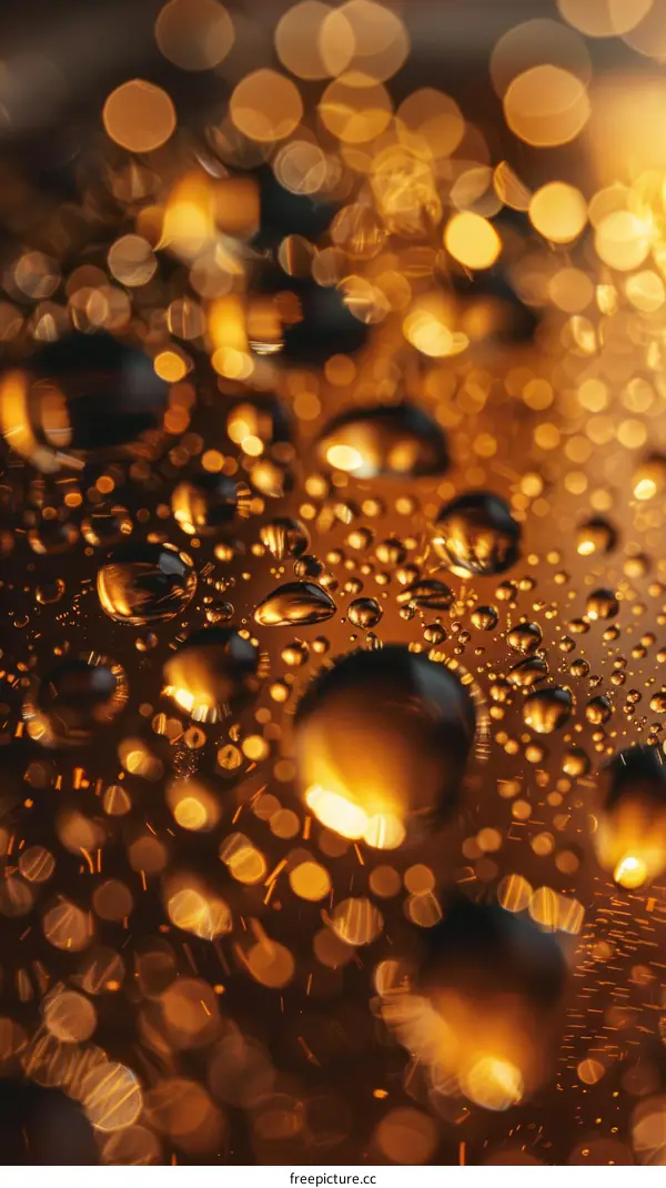 Close-up of water droplets on a glass surface with a blurred background of lights
