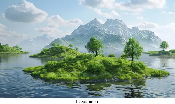 Island in Lake with Green Hills and Snow-Capped Mountains