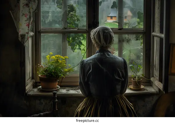 A woman in traditional clothing is looking out of a broken window