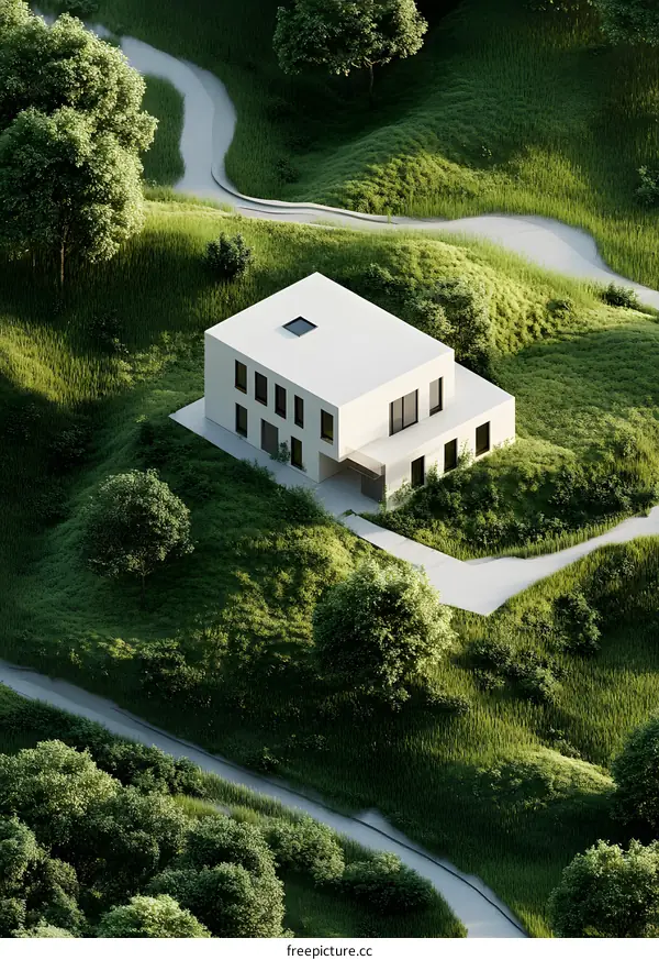 Modern White House with Green Grass and Winding Paths